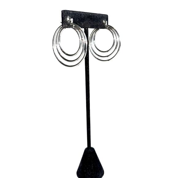 Silver Tone Triple Tiered Hoop Earrings - Modern & Stylish! - Picture 4 of 7